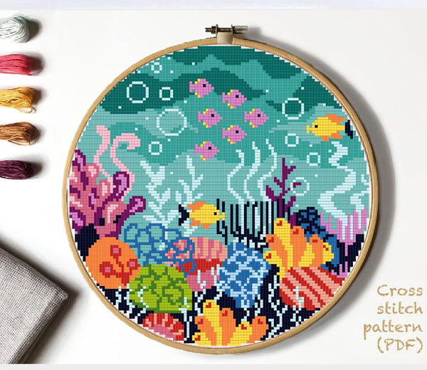 Sea bottom Modern Cross Stitch Pattern, ocean, animals,  instant download PDF