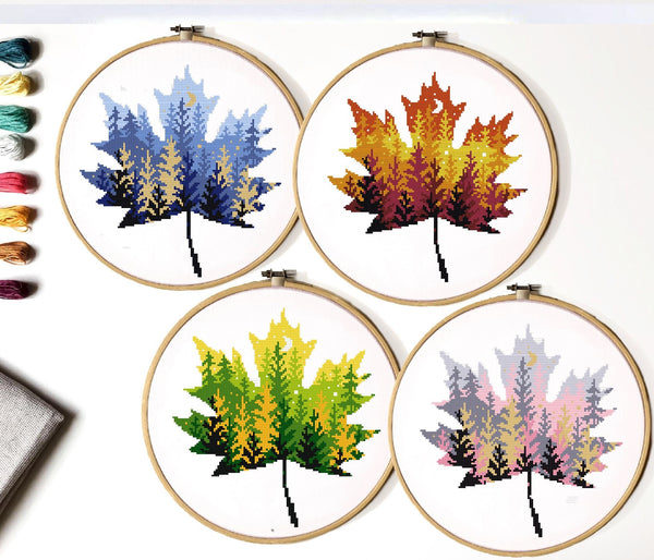 Set of 4 leaves Modern Cross Stitch Pattern, landscape, forest, instant download PDF