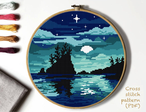 Olympic National park Modern Cross Stitch Pattern, starry sky, instant download PDF