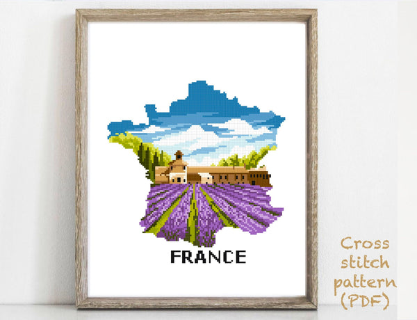 France Modern Cross Stitch Pattern, lavender, instant download PDF