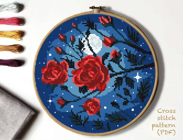 Roses Modern Cross Stitch Pattern, flowers,   floral, starry sky, moon, instant download PDF