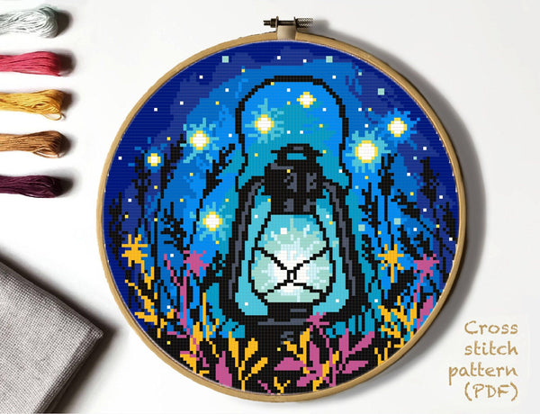 Nature Modern Cross Stitch Pattern, Lantern, fireflies, instant download PDF