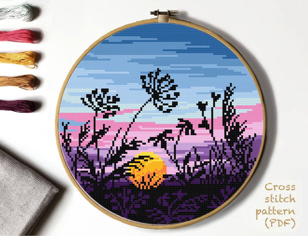 Landscape Modern Cross Stitch Pattern, nature, sunset, floral, instant download PDF