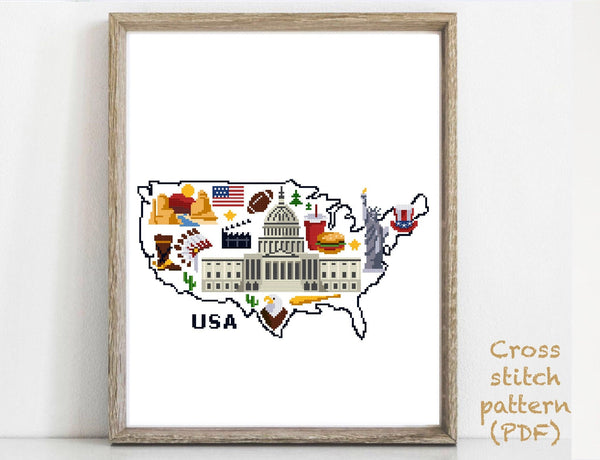 USA silhouette Modern Cross Stitch Pattern, instant download PDF