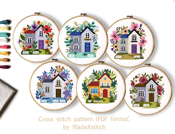 Set of 6 Floral House Modern Cross Stitch Pattern, Instant download PDF