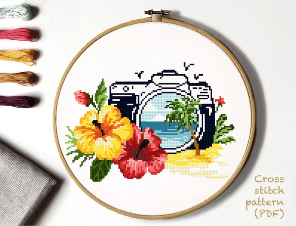 Camera Modern Cross Stitch Pattern, ocean, palm, flowers, instant download PDF