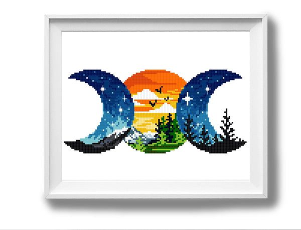 Landscape Modern Cross Stitch Pattern, mountain, starry sky, moon,instant download PDF