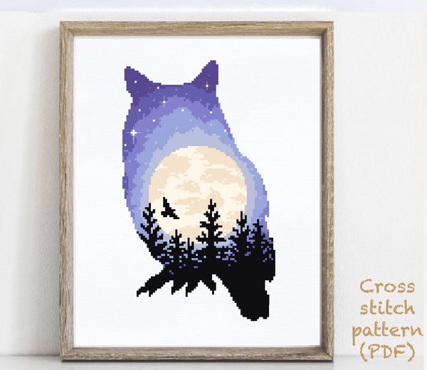 Owl Modern Cross Stitch Pattern, moon, bird, instant download PDF