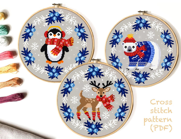 Set of 3 Christmas Bear, Deer, Penguin Modern Cross Stitch Pattern, instant download PDF