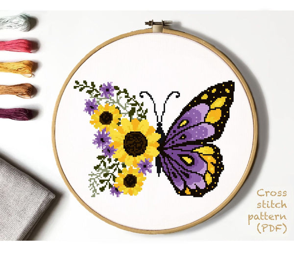 Floral butterfly Modern Cross Stitch Pattern, insect, flower, Instant download PDF