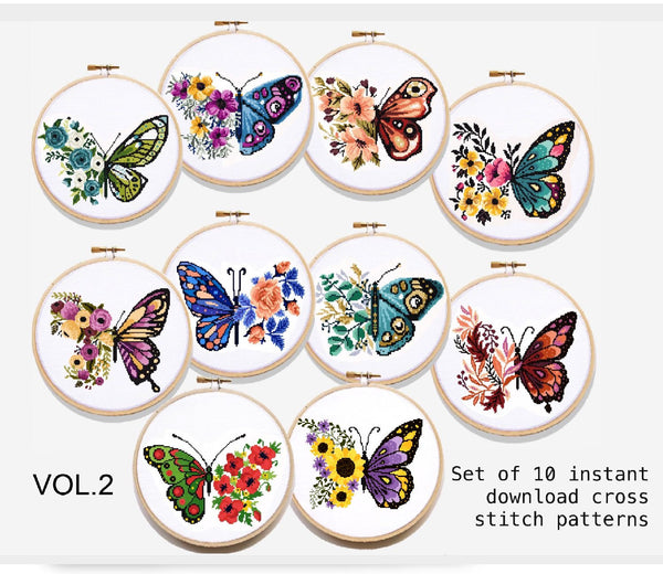 Set 2 Butterflies Floral Modern Cross Stitch Pattern,  Instant download PDF