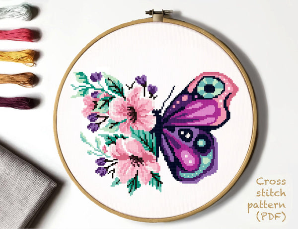 Floral butterfly  Modern Cross Stitch Pattern, insects, flower, Instant download PDF