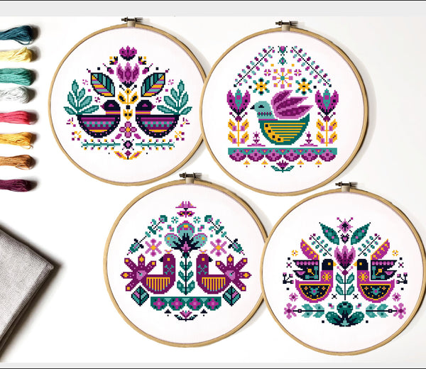 Modern cross stitch pattern, folk floral birds, instant download pdf 