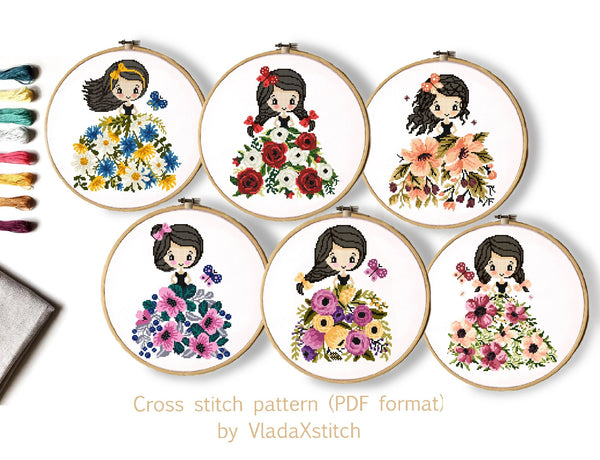 Set of 6 Girls Floral Modern Cross Stitch Pattern, Instant download PDF