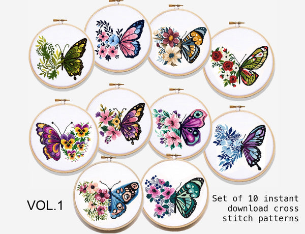 Set 1 Butterflies Floral Modern Cross Stitch Pattern,  insect,  Instant download PDF