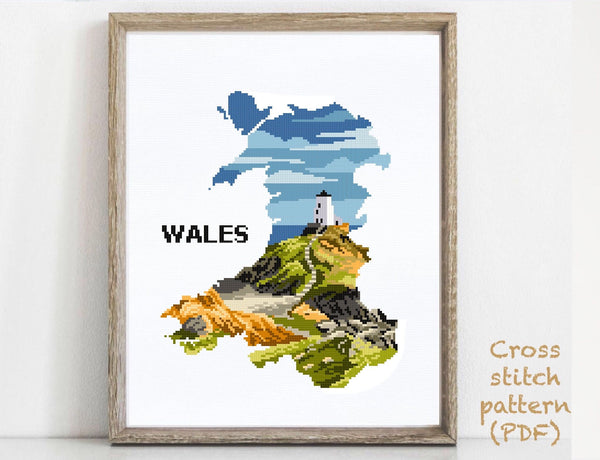 Wales Modern Cross Stitch Pattern, Great Britain, country, instant download PD