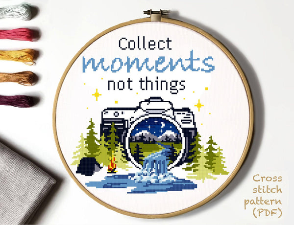 Collect moments not things Modern Cross Stitch Pattern, mountain, forest, instant download PDF