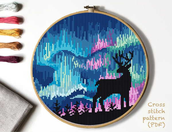 Northern Lights Modern Cross Stitch Pattern, deer, night sky, forest, instant download PDF